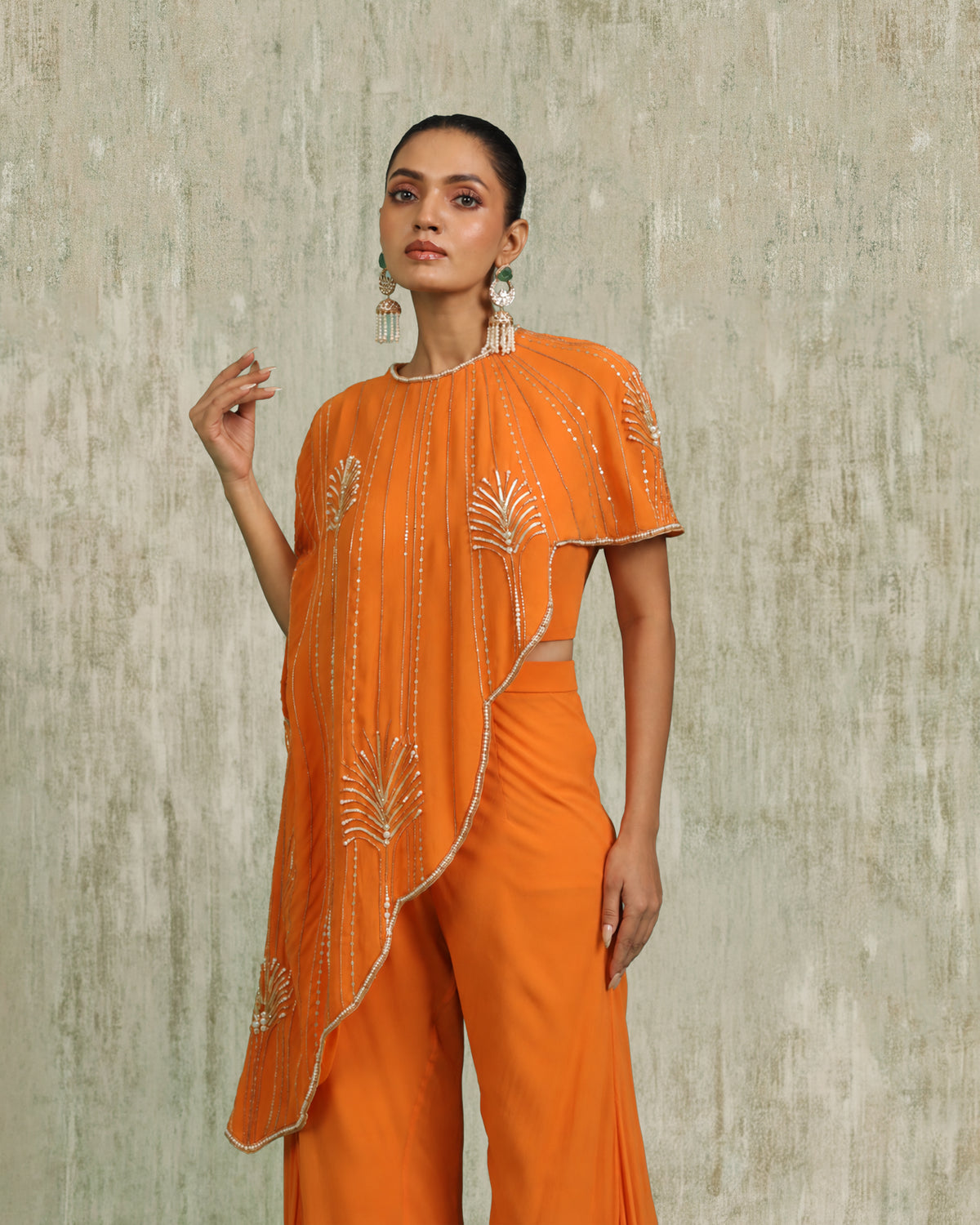 Orange Draped top and Flared Pants Set