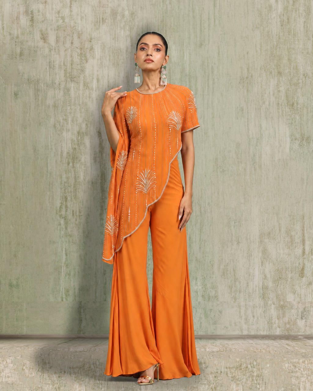 Orange Draped top and Flared Pants Set
